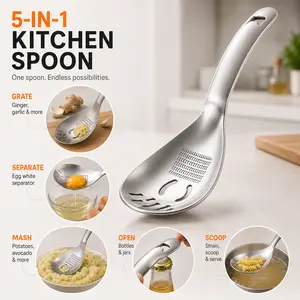 Multi-Function Kitchen Spoon 5-in-1 – Stainless Steel Strainer Spoon, Food Grater, Egg Separator Tool, Bottle Opener, Potato Avocado Masher, Baby Food Safe Kitchen Gadget