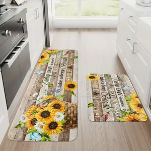 2/3pcs Set Kitchen Mat, Summer Sunflower Wood Grain Mat, Letter Mat, Corridor Running Mat, Flannel Material and Anti-slip Soft and Comfortable Easy to Clean, Suitable for Sink, Bedroom