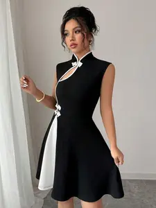 Women's Polo Collar Color Blocking Elegant Dress With Button Design