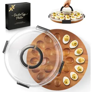 Deviled Egg Containers with Lid, Easter Gifts Set (24 Eggs), 2026 Upgraded Acacia Wooden Deviled Egg Tray Platter for Party and  Kitchen, The Lid is Dishwasher Safe (Black)