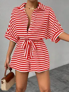 A women's striped polo neck short-sleeved waistcoat shorts set, suitable for summer, suitable for daily leisure, picnic, home