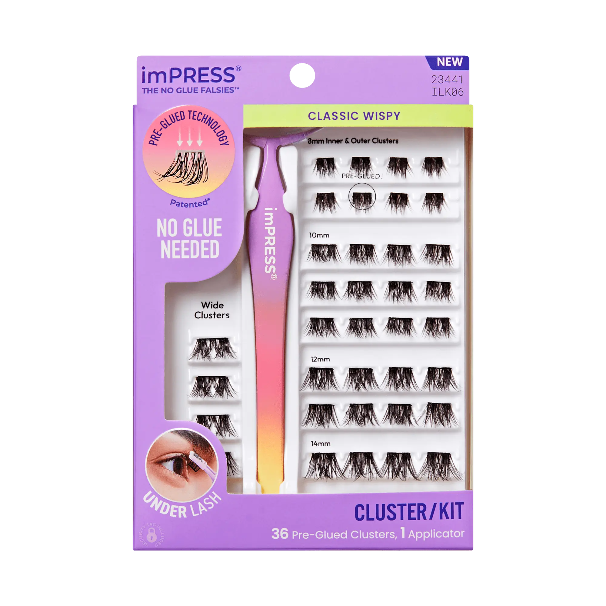 Impress Falsies Pre-Glued False Eyelashes Starter Kit - Classic Wispy | 36 Lash Clusters, With Applicator, 8mm-14mm