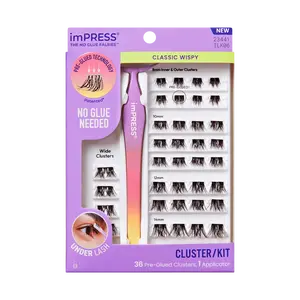 Impress Falsies Pre-Glued False Eyelashes Starter Kit - Classic Wispy | 36 Lash Clusters, With Applicator, 8mm-14mm