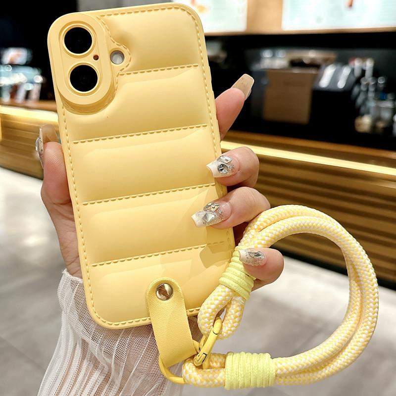 Luxury Liquid Down Jacket iPhone Case with Hand Strap | Oil Coated Protective Cover for iPhone 16 15 14 13 12 11 XR 7 8