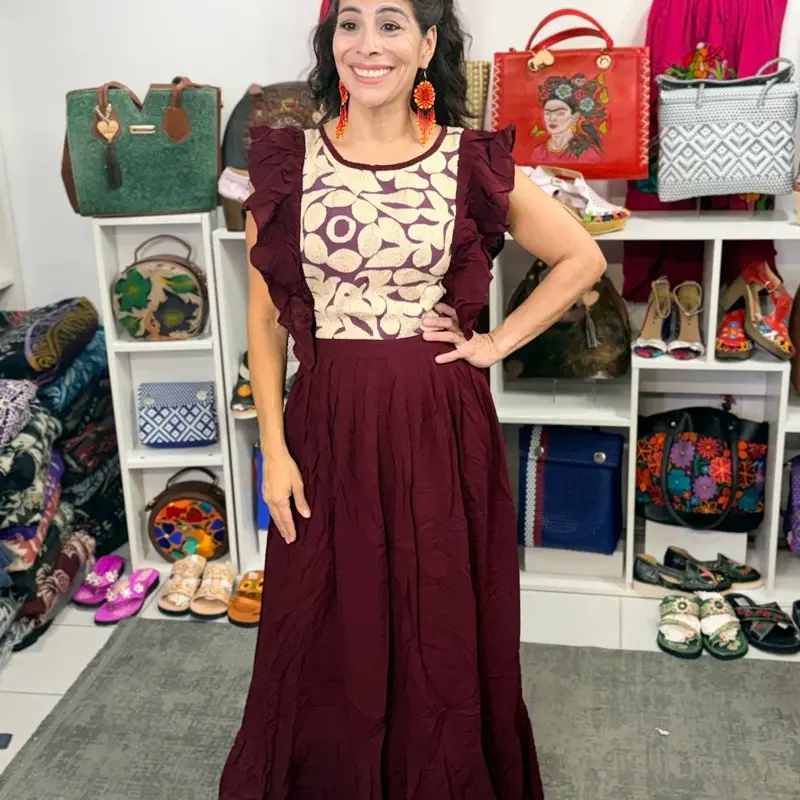 Vestido azucena Rayón $75-  Long Embroidered Made in Mexico  Maxi Dress with Ruffle Sleeves and Lace