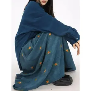 Women’s Semi-Formal Vintage Corduroy Maxi Skirt – Autumn/Winter Embroidered Floral Design, Corduroy Fabric, Perfect Gift for Fashionable Ladies, Peacock Blue