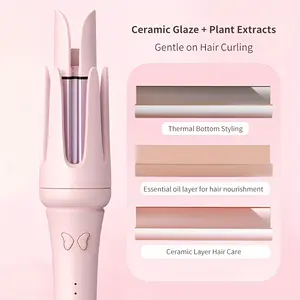 Newme Professional Styling Made Easy: 1.25 inch (32mm) Professional Automatic Rotating Curling Iron with Tourmaline, Fast Heating, Dual Voltage, and Smart Sensor - Perfect for Comfortable and Safe Hair Styling, Exclusive Gift, Pink Curler