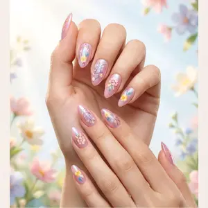 Flirty Floral Chromed design Hand crafted, premade, reusable manicure set Design Press On Nails New Season Spring