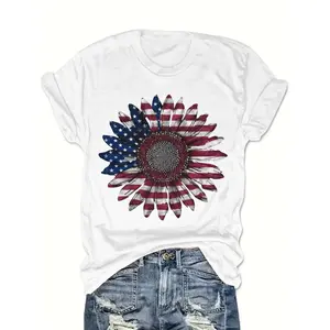Womens Short Sleeve Crewneck Graphic Tee, Vintage Washed Soft Cotton Shirt with Patriotic Sunflower American Flag Print, Casual Summer Top, Great Gift for Mother
