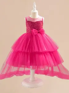 Girl's Bow Decor Sequins Tulle Dress, Elegant Fashion  A Line Dress for Party Show Performance, Birthday Dress, Kids Clothes for All Seasons, Princess Peach Poofy Dress