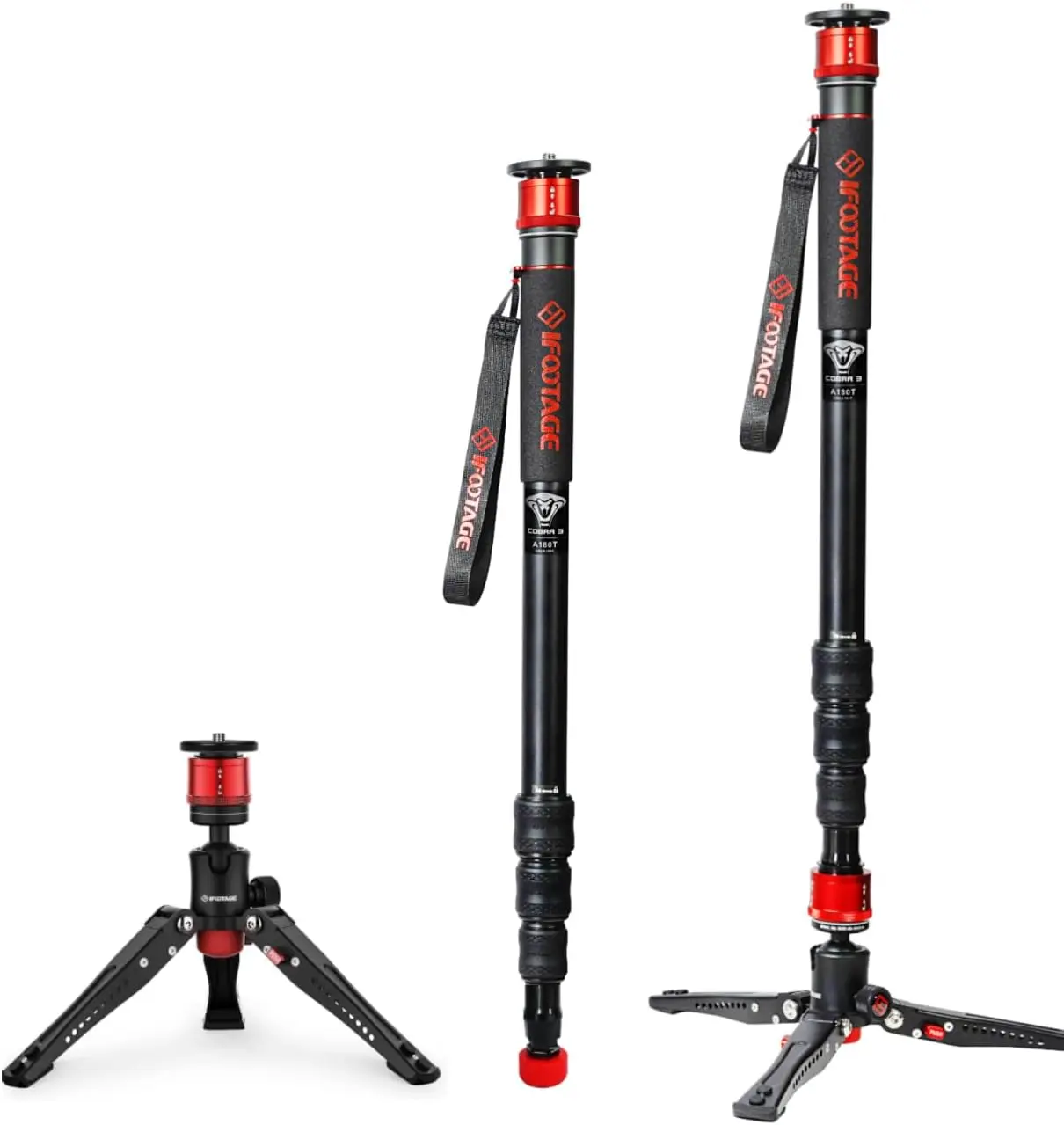 IFOOTAGE Monopod Cobra 3 A180T, 71" Aluminum Camera Monopod with Feet, Telescopic Video Mono pod Compatible with Sony Canon Nikon DSLR Cameras, Payload 17.6lb