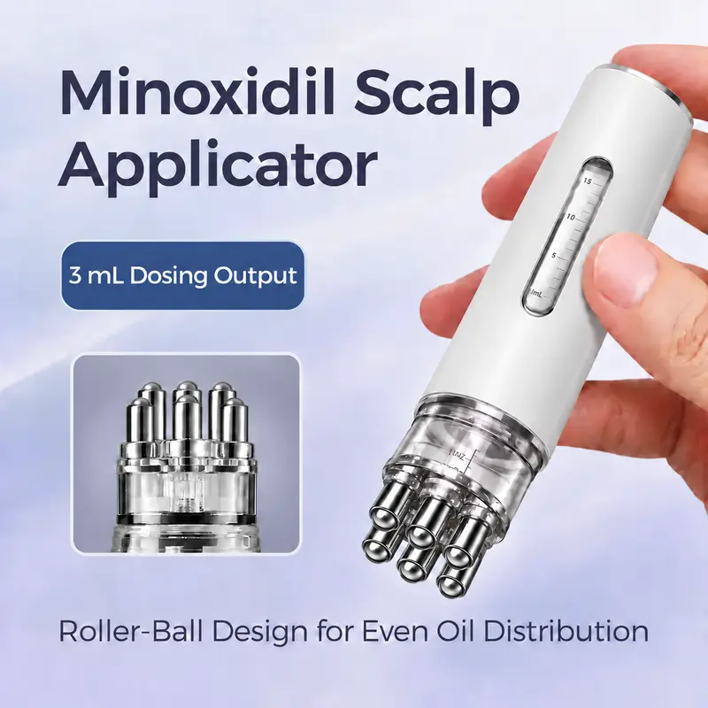 Minoxidil Scalp Applicator Tool - Hair Growth Supply, Haircare Scalp Stimulator, 15mL Refillable Dispenser, 6 Roller Balls, 3mL Measuring Chamber, Precise Dosing, Direct Application, Hair Comb, Massager