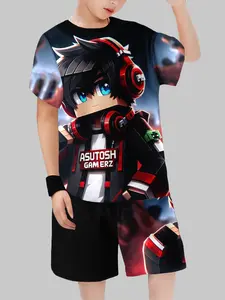 Boys Gaming Style Asutosh Gamerz Pixel Boy Short Sleeve Casual Set, Minecraft Cool Game Kids Clothing Two-Piece Set