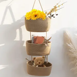 Hanging Wall Basket, Over the Door Hanging Basket with Hooks, Cotton Back of Door Organizer for Living Room, Bedroom, Boho Wall Decor, Toy Storage, Jute
