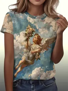 Summer New Polyester Short Sleeve T-Shirt, Fashionable All Over Print Oil Painting Angel Pattern, Casual Fitted Women's Top for All Seasons