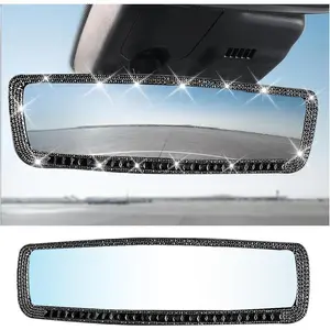 Car Rear View Mirror, Bling Rhinestone Interior Rear View Mirror with HD Glass, Wide Angle Clip-On Rearview Mirror with Glitter Crystal Diamond, Car Decoration Accessories for Women (Black)