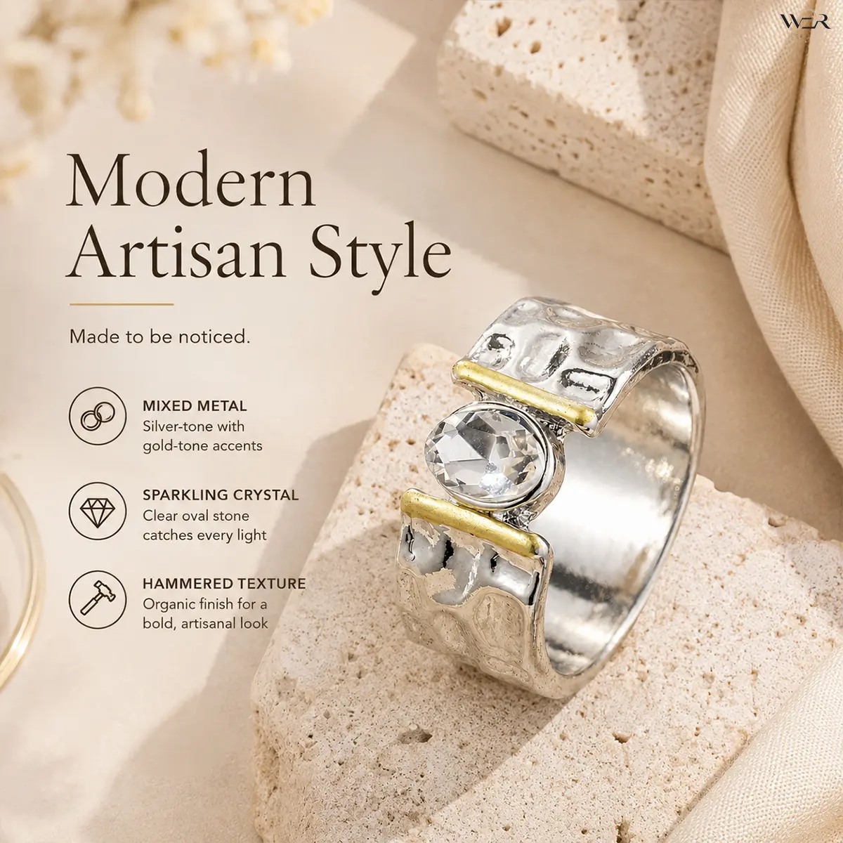 Artisan Look Statement Ring with Sparkling Crystal Accent, Hammered 2-Tone Textured Band, US Sizes 6-10, Perfect Gift for Women and Girls, Mixed Metals Jewelry, Soft Feminine Vibe