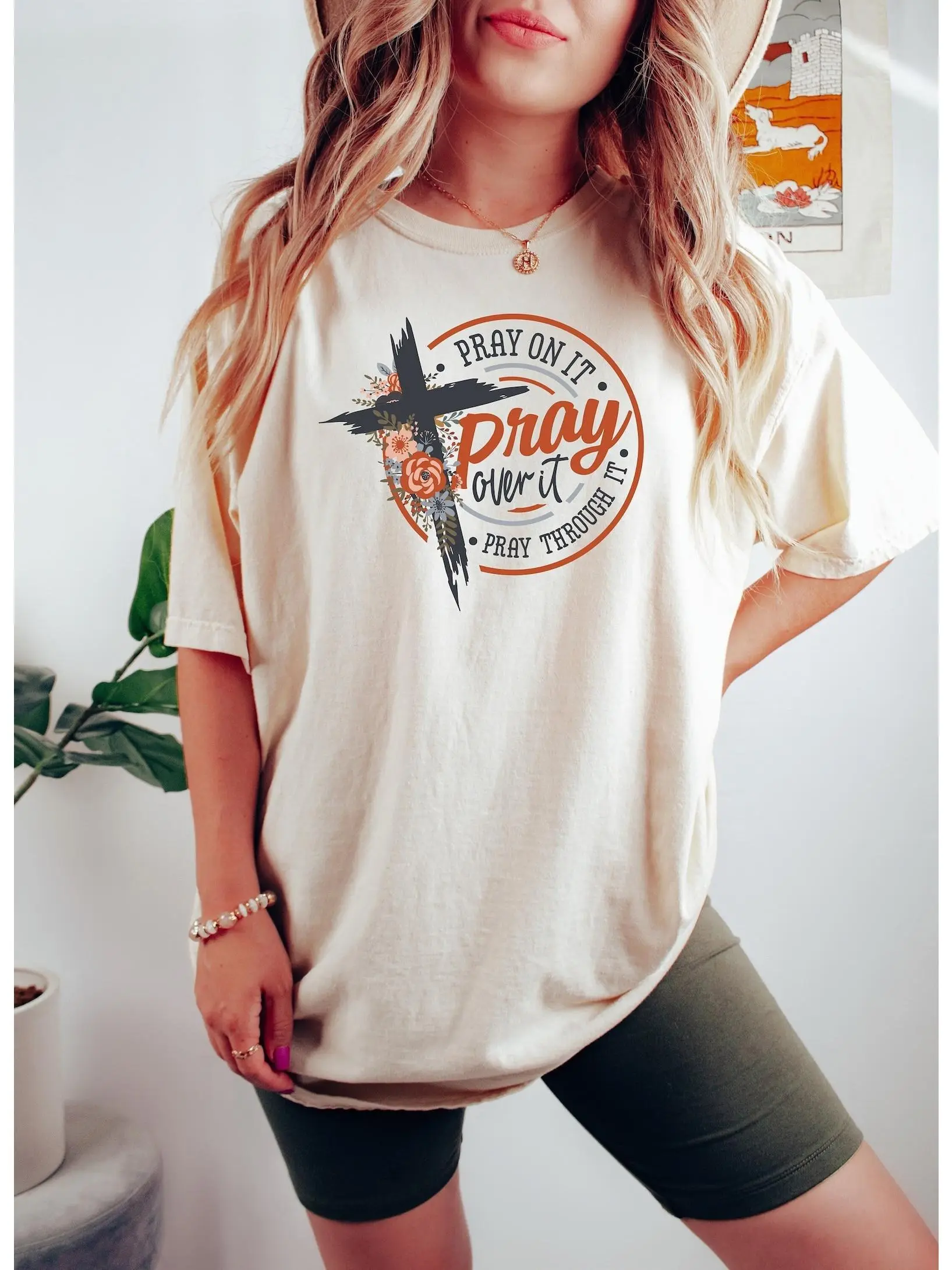 Pray On It Over It Through It Floral Wooden Cross Women's T-shirt-100% Cotton, Short Sleeve, Round Neck, Vintage Faith Inspirational Circle Print-Suitable for Daily Casual & Church Faith Gathering, Loose Oversized Breathable Soft Basic Top