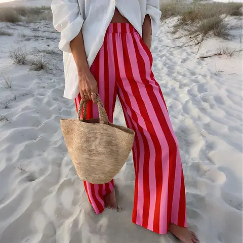 Women's Vibrant Colorful Stripe Print Pants Casual Summer Wide-Leg Beach Trousers