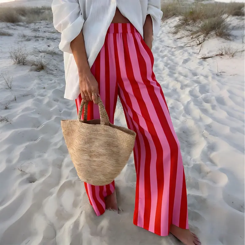 Women's Vibrant Colorful Stripe Print Pants Casual Summer Wide-Leg Beach Trousers