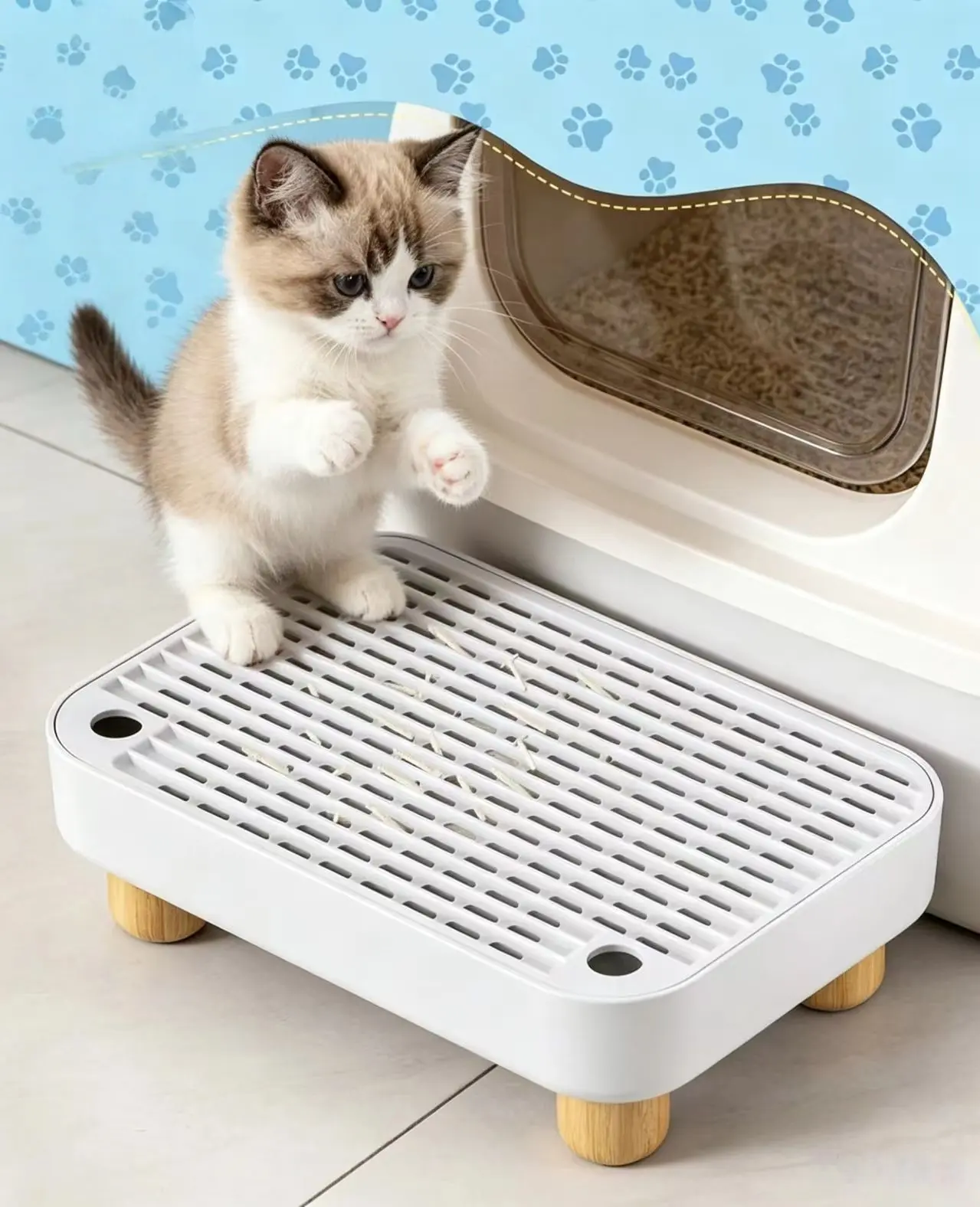 Sturdy Elevated Single-Layer Cat Litter Trapping Mat - Grid Design, Wood Legs, Non-Slip, Easy-to-Clean Catcher with Elevated Step, Traps Litter