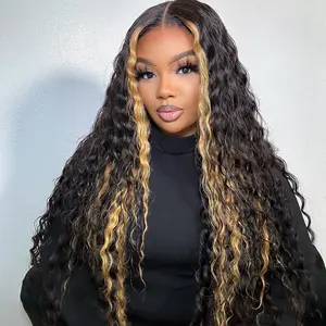 Amanda Hair Glueless Blonde Highlights 7x5 Closure 6x4 Lace Pre-Cut Pre-bleached 180% Density Deep Curly Human Hair Glueless Water Wave Burmese Curly Wig #SummerVibes