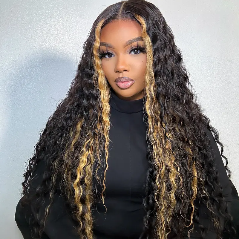 Amanda Hair Glueless Blonde Highlights 7x5 Closure 6x4 Lace Pre cut Pre Bleached 180% Density Deep Curly Human Hair Glueless Water Wave Burmese Curly Wig #Backtoschool