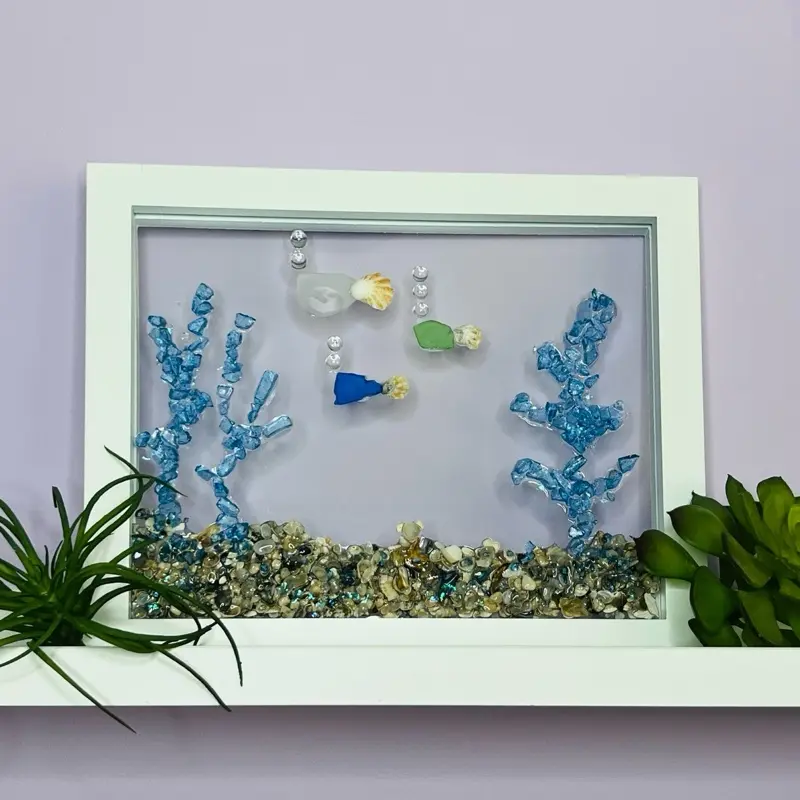 Aquarium Crushed Glass Artwork Handcrafted with Crushed Glass Epoxy Resin and UV Protective Seal Glossy Finish Modern Decor
