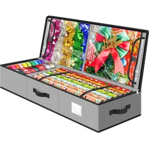 Wrapping Paper Storage Organizer for 40 Inch Christmas Gifts Wrapping Paper, 2 Visible Supplies Pockets for Holiday Accessories, Christmas Decoration Storage Containers, Grey