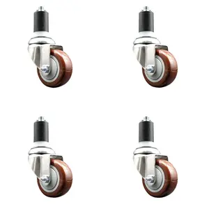 Polyurethane Swivel Stem Caster Set of 4 with 3 Inch Maroon Caster Wheels - 1-5/8" Expanding Stems - 316 Stainless Steel Casters - Includes 4 Swivel Casters - Service Caster Brand