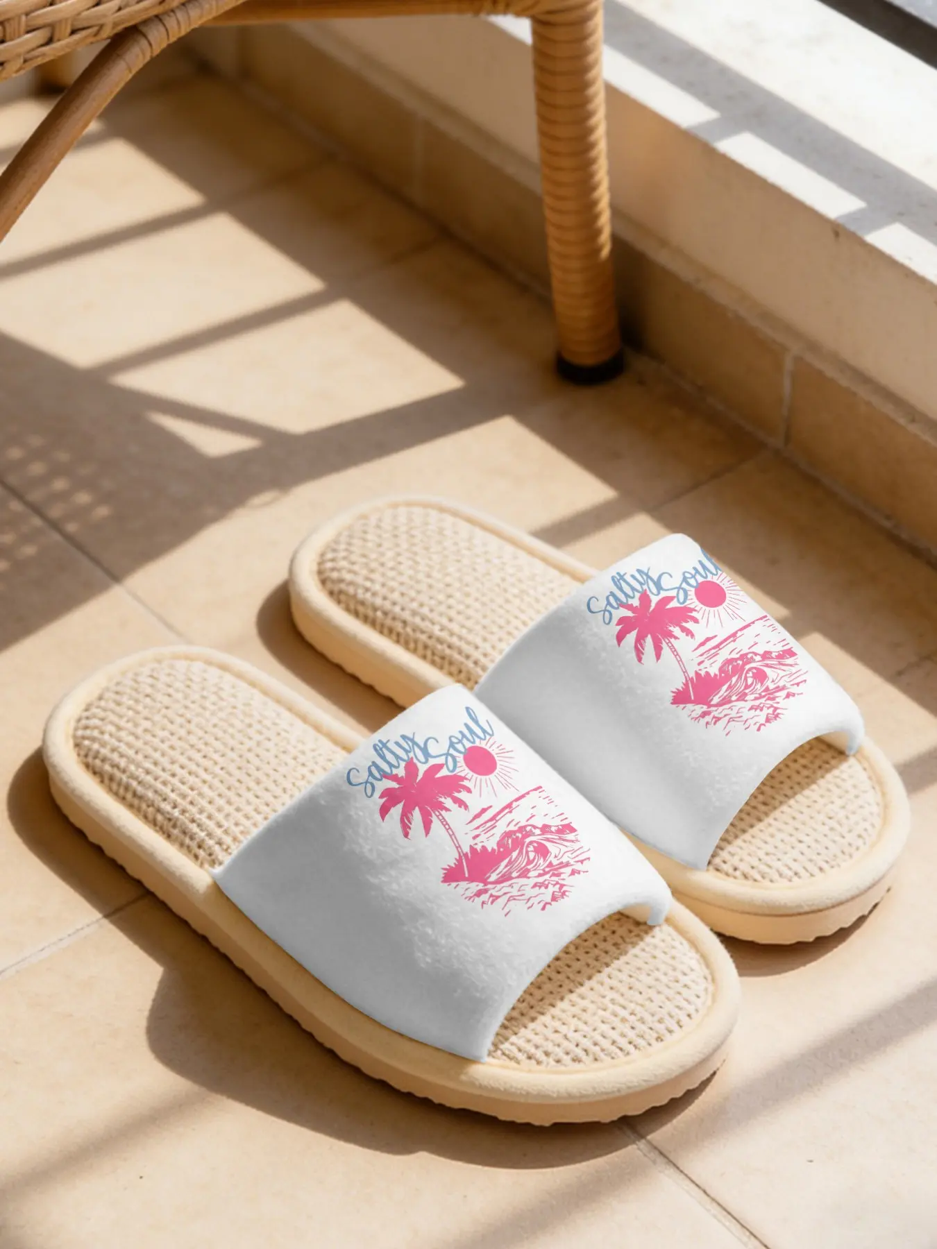 Salty Soul Beach Palm Tree Wave Linen Slippers Cloud-Feel Fresh Summer Vacation Style Breathable, Sweat-Absorbent & Non-Slip Must-Have For Beach Vacation & Coastal Soul Enthusiasts & Casual Wearers