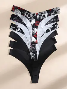 6 Pack Gothic Style V-Shaped Waist Seamless Fitted Print Thongs for Women, Comfortable, Breathable and Invisible Underwear, Casual Fit for All Seasons