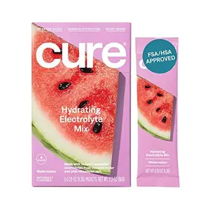 Cure Hydration | Plant-Based Electrolyte Drink Mix | No Added Sugar | Dehydration Relief Powder Made with Coconut Water | Non-GMO | Vegan | Box of 8 Packets - Watermelon