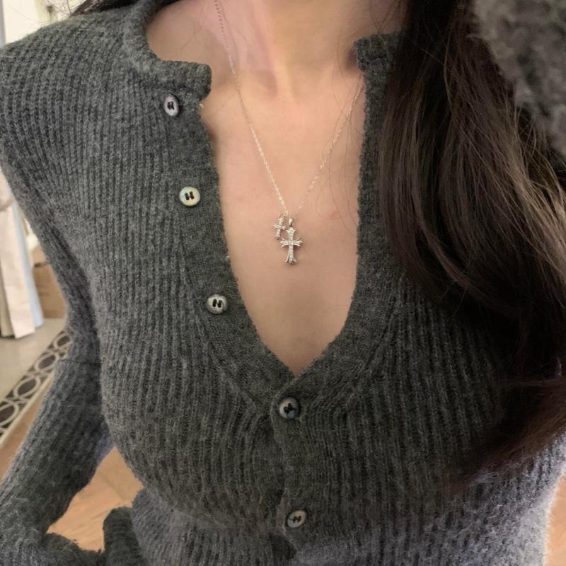 S925 Silver Double Cross Necklace Pave Zircon Pendant