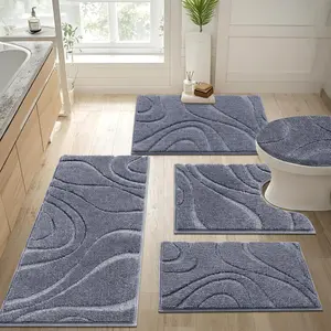 [TiktokShopHolidayHaul]HEBE Bathroom Rugs Sets 5 Piece, Soft Absorbent Microfiber Bath Mat for Bathroom, Non Slip Washable Bath Rug Set with Toilet Cover, Bath Runner and U-Shaped Contour Toilet Rug