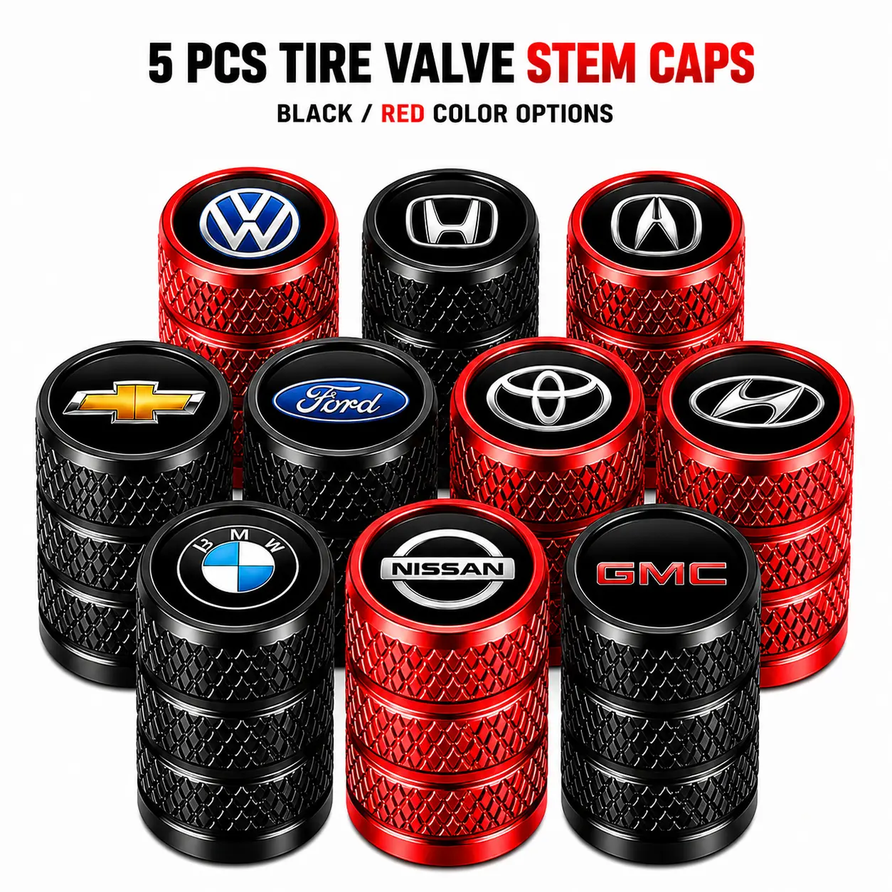 5Pcs Premium Heavy Duty Aluminum Alloy Tire Valve Stem Caps,Leakproof Anti-Rust Dustproof Weatherproof Wheel Air Valve Covers Fit for Ford Chevy Toyota Honda Nissan Jeep Ram GMC Hyundai Kia Subaru VW, Car Exterior Modification Replacement Auto Accessories