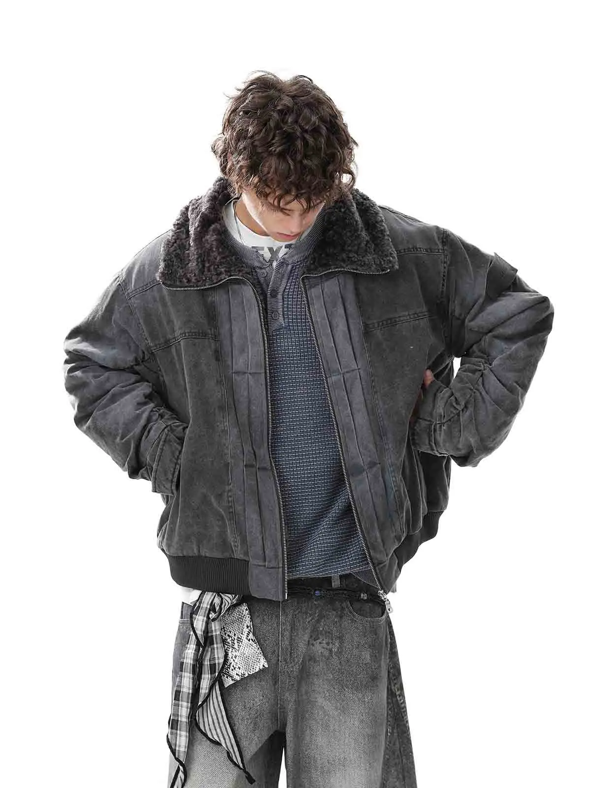 Supermade Men's Casual Long Sleeve Vintage Fleece Jacket with Distressed Pleats and a Shearling High Collar for Winter, Menswear, Coats, Tops, Zipper, Warmth