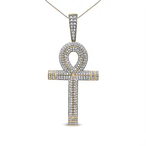 10K Yellow Gold 1 7/8 Cttw Round Diamond Ankh Cross Pendant Necklace f