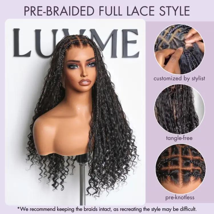 Luvme Braided Wig Knotless 26'' Braids Wig Boho Briaded Wigs Box Braid Human Hair Curls Flexi-Fit Invisi Drawstring Cap HD Full Lace Super Natural Scalp