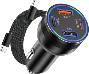 iPhone 17/16 Pro Max Car Charger, 65W 4-Port USB C Cigarette Lighter Adapter Fast Charging Car Charger Adapter with 6FT Braided USB C Cable for iPhone 17/16 Plus/16 Pro/16 15 Pro Max,iPad Pro/Air/Mini