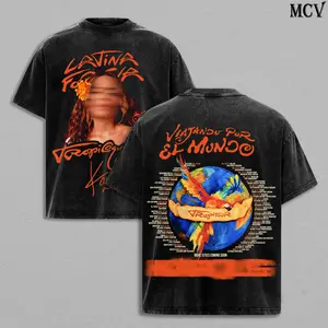 KarolG's Viajando Por El Mundo Tropitour 2026 Tee Washed Menswear Top Heavy Cotton Underwear Double Printed Unisex Oversize Latin Pop Reggaeton Music Vintage Graphic Streetwear Cotton T-Shirt, Washed Hoodie & Sweatshirt Option for Men and Women Fans