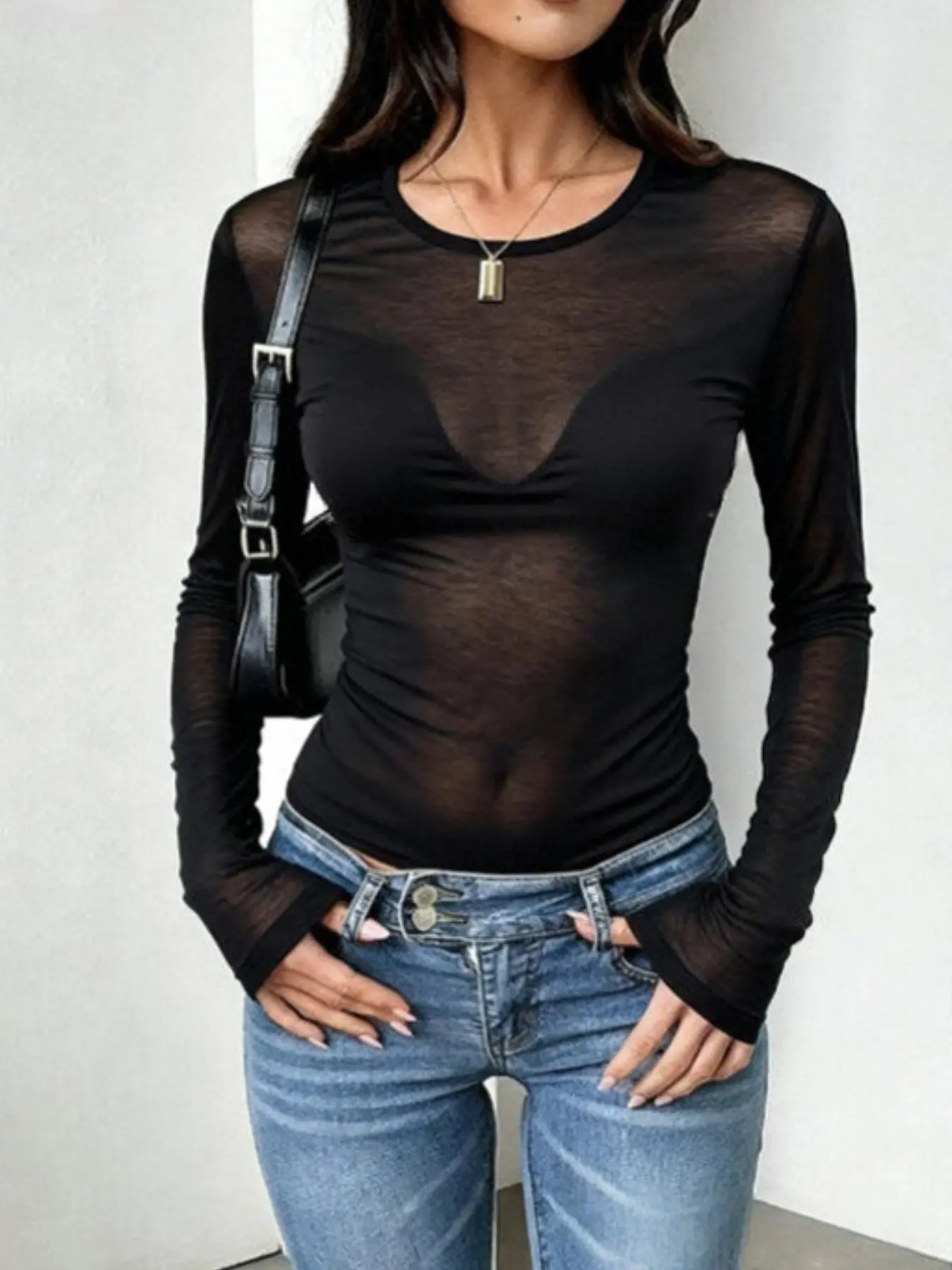 Sexy Plain Slim-Fitting Long Sleeve Top, Semi-Transparent Summer Fashion, Women's Versatile Basic Shirt, All Seasons Wear, Womenswear