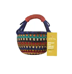 Ayéya Handwoven African Grass Basket, Mini Market Style w/single handle Fair Trade Decor Decorative