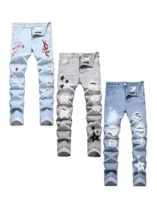 Men's Y2K Ripped Denim Jeans, Casual Street Style Fashion Pants, Blue Grey Black, Breathable Comfy All-Season Trousers, Sizes 28-38