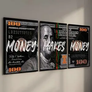 3 Counts/set Wooden Framed Money Makes Money Canvas Posters, Money Wall Art, Inspirational Dollar Bill Pop Art, Wall Decor Living Room, Bedroom, Office, Dorm, Perfect Gift for Friends and Family, Waterproof Canvas, Wall Decor, Ready To Hang