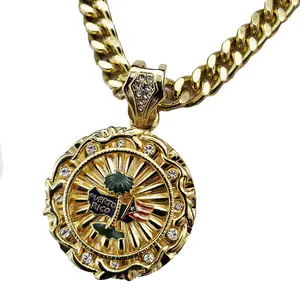 Puerto Rico Gold Plated Large Medal Pendant & 10mm 16" 18" 20" 24" 30" Iced Cuban Chain Hip Hop Necklace Jewelry Unisex Men Women