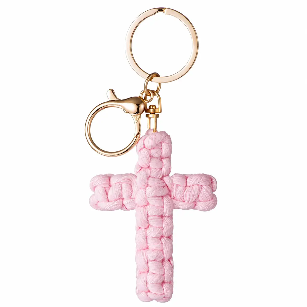 Handmade Macrame Cross Keychain Bag Charm - Hand Woven Boho Christian Accessory With Gold Lobster Clasp For Car Keys