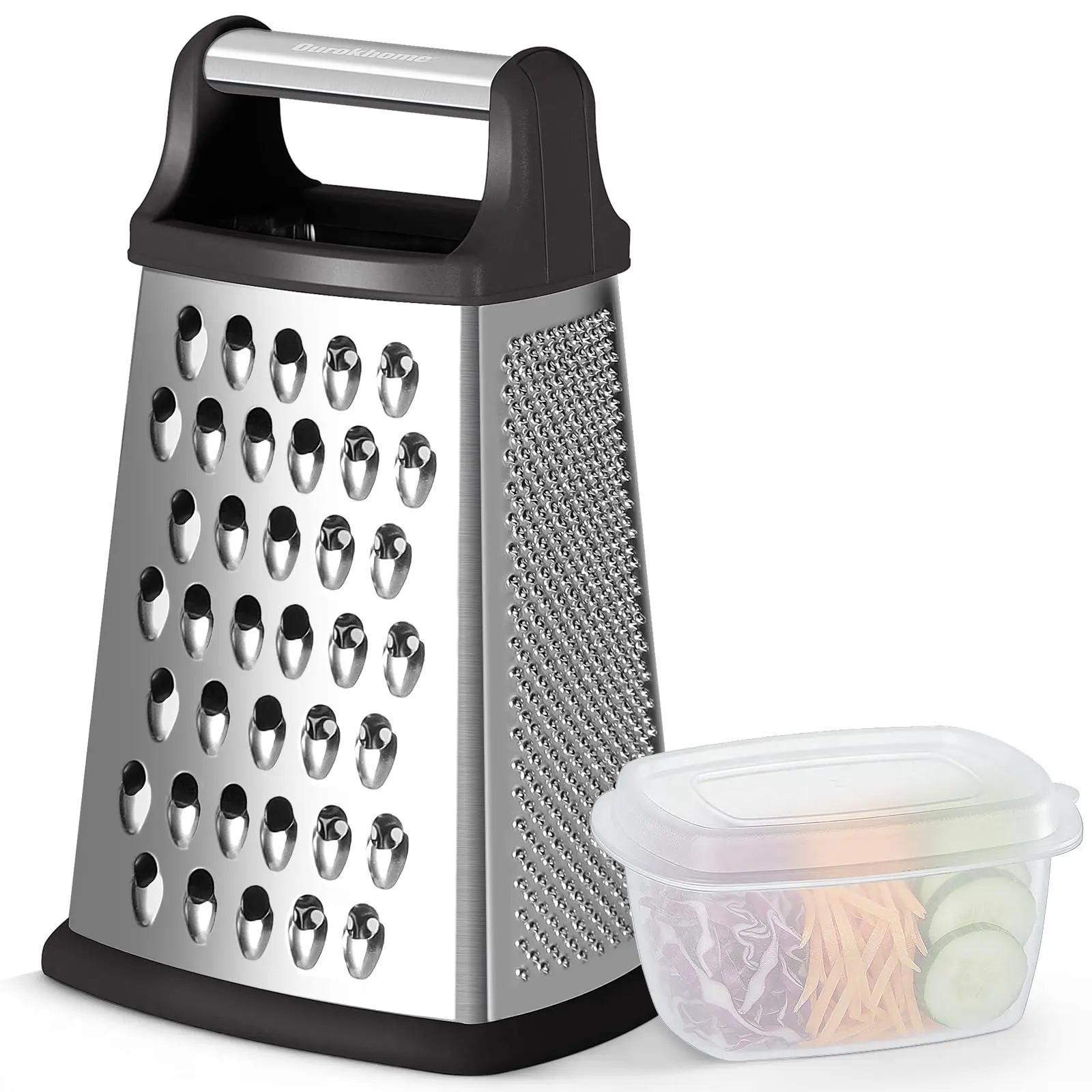 Cheese Grater, Handheld Box Grater with Container & Lid, 4-Sided Stainless Steel for Kitchen, Wavy Julienne, Slicer, Coarse Shred & Fine Zester, Non-Slip Base, Dishwasher Safe, 8 Inch
