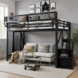 ARCH Metal Full/Queen Loft Bed with Stairs, Storage Shelves, and Wardrobe, High Loft Bed Frame for Kids Teens Adults, Black or White, Space-Saving Bedroom Furniture with Underbed Desk Area, Durable Steel Construction, 350lb Capacity