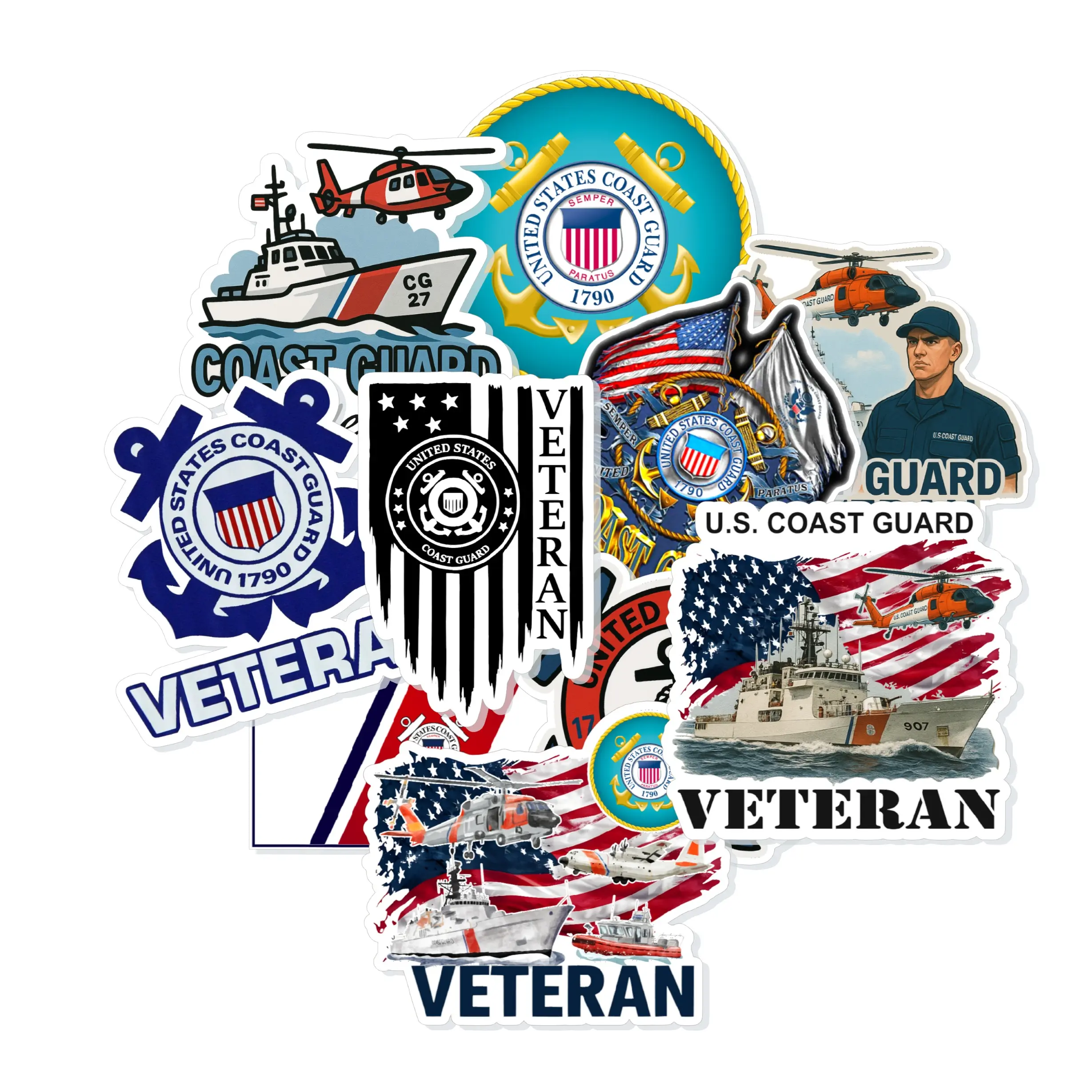 Coast Guard Veteran Sticker Pack (10-Pack) | Hard Hat + Tool Box Durable Vinyl Decals